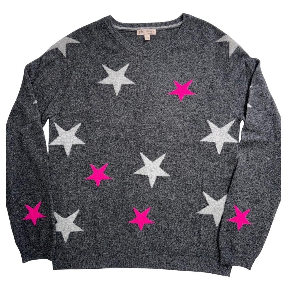 Philosophy Cashmere Star Print Sweater Gray Pink White 100% Cashmere Large
